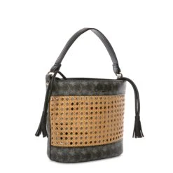 MC2 Saint Barth Straw Bucket Bag With Black Monogram Details -Chic Carry Deals Store STRAW BUCKET HANDBAG BLACK.2