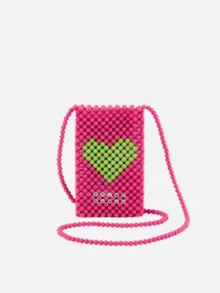 MC2 Saint Barth Pink Beaded Phone Holder With Green Heart