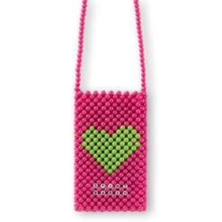 MC2 Saint Barth Pink Beaded Phone Holder With Green Heart 7 MC2 Saint Barth Pink Beaded Phone Holder With Green Heart -Chic Carry Deals Store bead phone bag 2