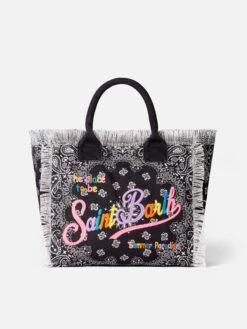 MC2 Saint Barth Vanity Canvas Shoulder Bag With White Bandanna Print On Black Background