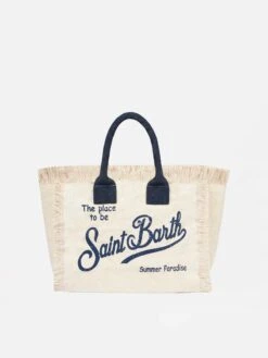 MC2 Saint Barth Colette White Cotton Canvas Handbag With Blue Navy Logo