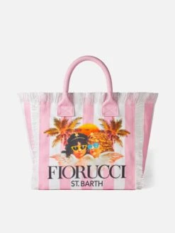 MC2 Saint Barth Vanity Canvas Shoulder Bag With White And Pink Stripes And Fiorucci Angels Print | FIORUCCI SPECIAL EDITION
