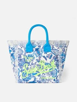 MC2 Saint Barth Vanity Canvas Shoulder Bag With Blue Flower Print