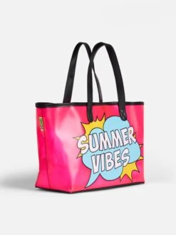 Pink Transparent Pvc Beach Bag With Summer Vibes Print -Chic Carry Deals Store las vegas small bag fuchsia 3