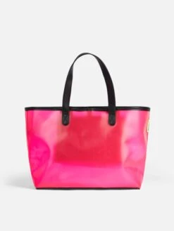 Pink Transparent Pvc Beach Bag With Summer Vibes Print -Chic Carry Deals Store las vegas small bag fuchsia 4