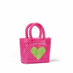 MC2 Saint Barth Beaded Pink Handbag With Green Heart -Chic Carry Deals Store pink beaded bag 3