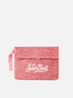 MC2 Saint Barth Raffia Pink Pochette With Front Embroidery