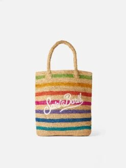 MC2 Saint Barth Raffia Bucket Bag With Multicolor Stripes And Embroidery