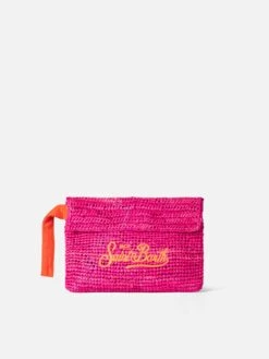 MC2 Saint Barth Raffia Fuchsia Pochette With Saintr Barth Embroidery