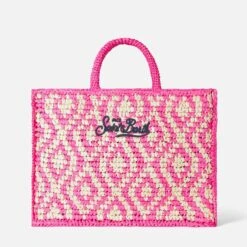 MC2 Saint Barth Vanity Shoulder Raffia Bag With Saint Barth Embroidery -Chic Carry Deals Store raffia vanity bag pink geometric 2