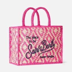 MC2 Saint Barth Vanity Shoulder Raffia Bag With Saint Barth Embroidery -Chic Carry Deals Store raffia vanity bag pink geometric 3