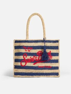 MC2 Saint Barth Raffia Bag With Blue Stripes And Embroidery