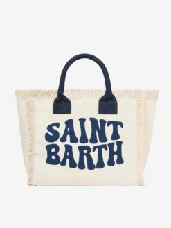 MC2 Saint Barth White Vanity Canvas Shoulder Bag With Groovy Blue Logo