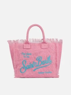 MC2 Saint Barth Vanity Pink Jute Shoulder Bag With Embroidered Logo
