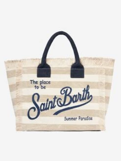 MC2 Saint Barth Vanity Canvas Shoulder Bag With White And Beige Stripes